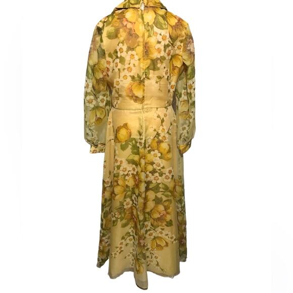 Vintage 1970s Yellow Gold Floral Maxi Dress Gown Long Sleeve Women’s Size Large - Picture 3 of 3